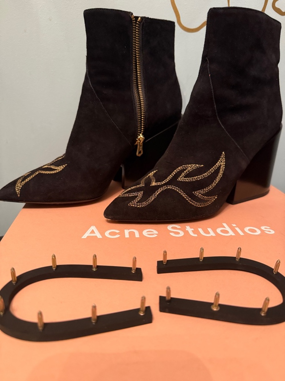 Acne Black Suede Pointed Ankle Boots with Gold Embroidery